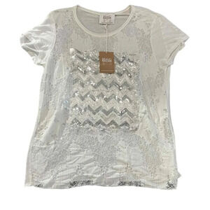 NWT Brand Bazar Sequin Embellishments Lace‎ Pattern Short Sleeve Crewneck Blouse